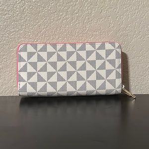 Double Zipper Wallet with Wristlet, Beige with Pink accent